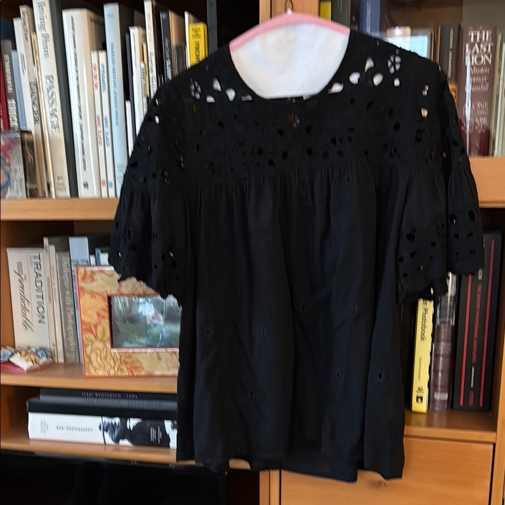 Black Boxy Short Sleeve Blouse with Peter Pan Collar and Embellished Neckline